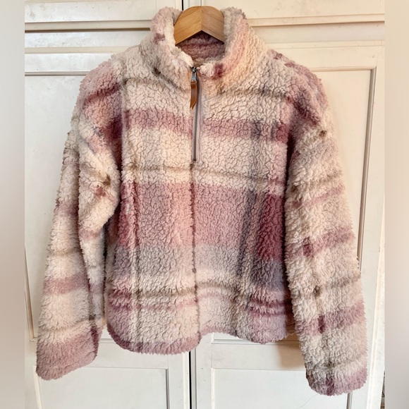Thread & Supply Small Plaid Sherpa Pink Half Zip Sweater - Picture 6 of 7
